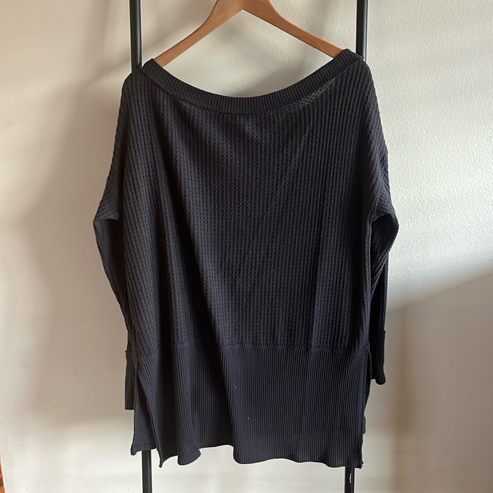 American Eagle Off the Shoulder Waffle Knit Relaxed Fit Long Sleeve Top